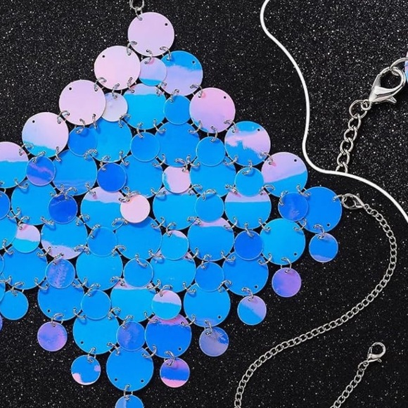 Irridescent holographic sequin mirror circles festival rave crop top bra chain - Picture 4 of 4